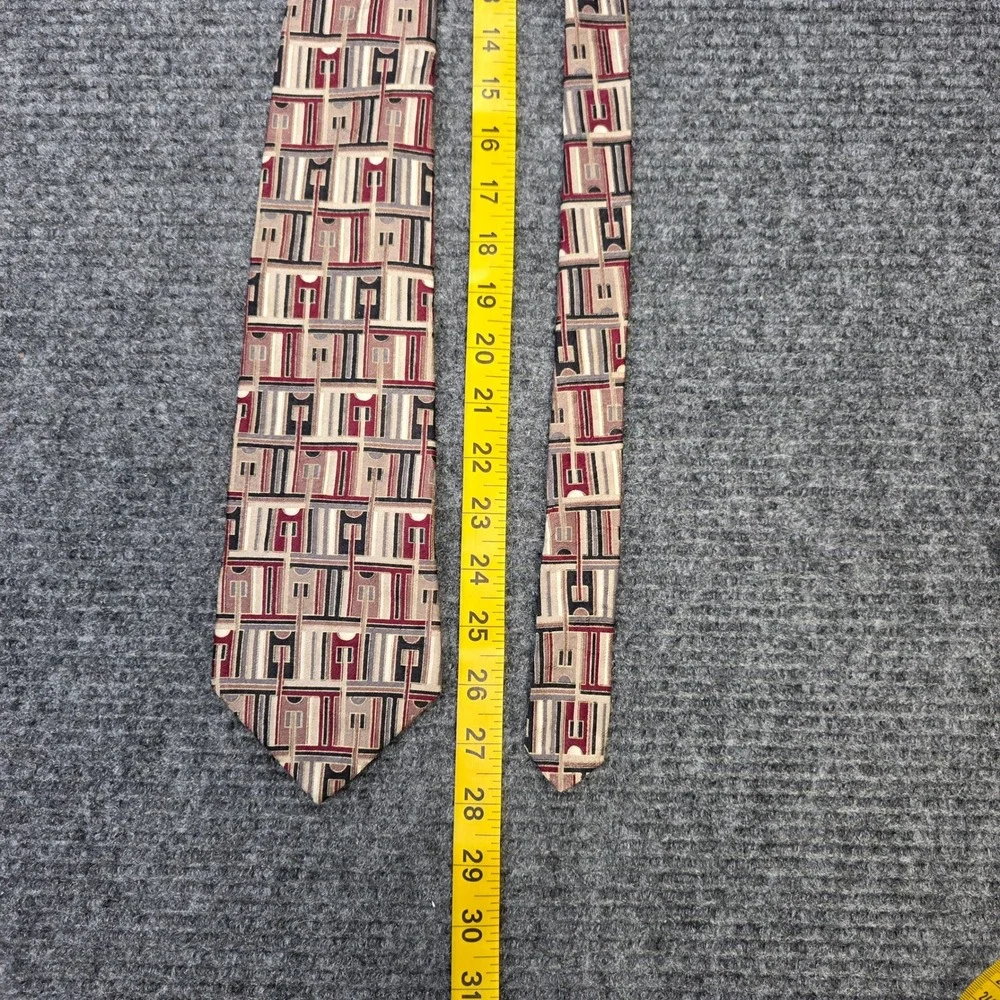 Vintage Gianfranco Ruffini Italy Abstract Silk Tie Men's Burgundy Tan Grey Short